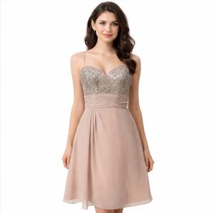 Sorella Vita Champagne Satin Lace Cocktail Bridesmaid Dress Spaghetti Strap 10
